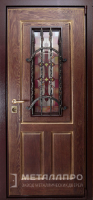Дверь металлическая «Входная дверь со стеклом и ковкой в коттедж» с внешней стороны Массив дуба